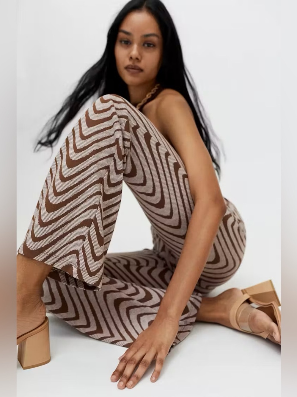 Urban Outfitters UO Bryn Pull-On Flare Brown Wavy Swirl Knit XS 70s Retro Groovy